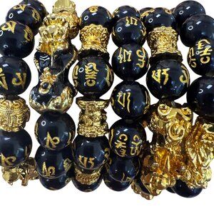 Feng Shui Pixiu Good Luck Bracelet Set Of 6 Stacking Black Beads With Gold